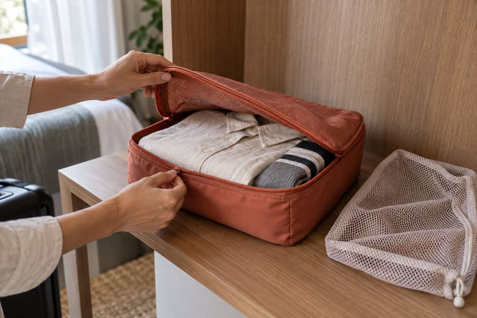 Manos abren un cubo organizador con una camisa y calcetines junto a una bolsa de malla.